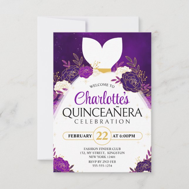 Invitation Robe de princesse blanche florale Quinceañera viol (Devant)