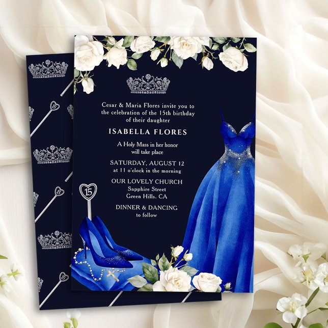 Invitation Robe de princesse et messe de Quinceanera bleue Ro (Quinceanera + Mass Invite from the Princess Dress and Roses Quinceanera collection by Darling & May)