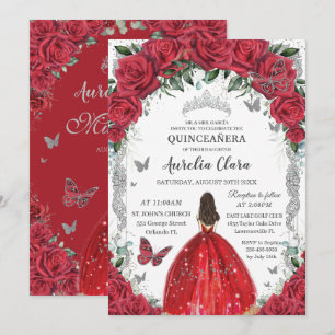 Invitation Robe de princesse florale roses rouges pour Quince