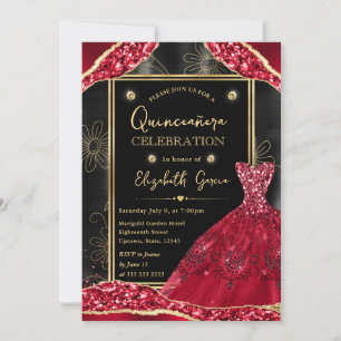 Invitation Robe de Quinceanera à paillettes dorées et rouges