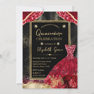 Invitation Robe de Quinceanera à paillettes dorées et rouges