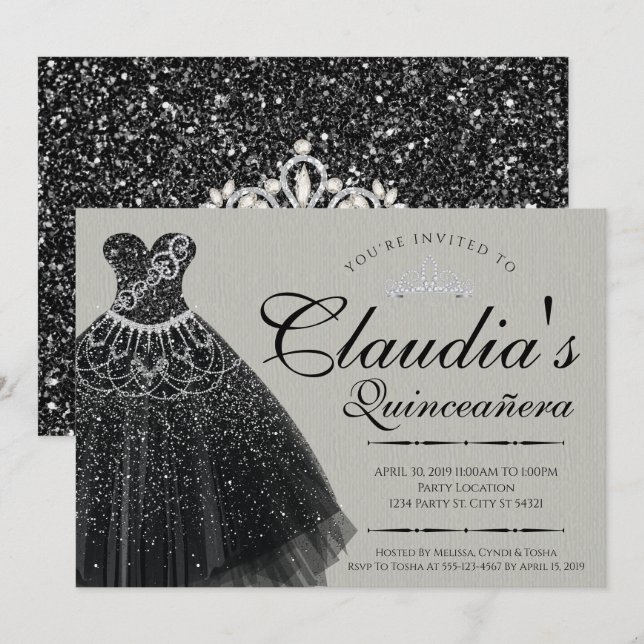 Invitation Robe de Quinceañera à paillettes noires (Devant / Derrière)