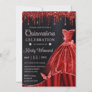 Invitation Robe de Quinceanera à paillettes rouges aquarelle