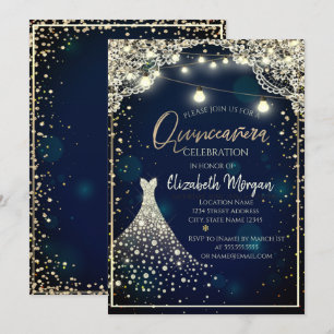 Invitation Robe de Quinceañera bleu foncé en dentelle et diam
