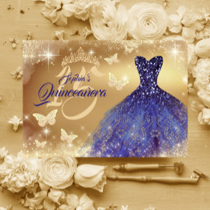 Invitation Robe de Quinceanera dorée et marine scintillante 