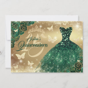 Invitation Robe de Quinceanera fleur étincelle or émeraude