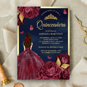 Invitation Robe de Quinceanera florale bordeaux marine papill