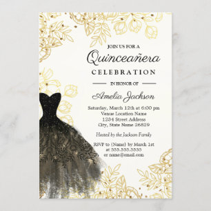 Invitation Robe de Quinceanera Florale Vintage Or Noir