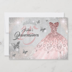 Invitation Robe de Quinceanera Papillon Argenté Pailleté Rose