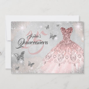 Invitation Robe de Quinceanera Papillon Étincelant Rose Gold