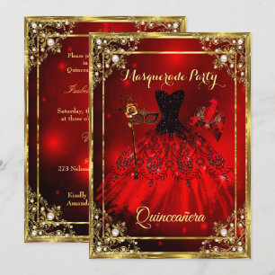 Invitation Robe de Quinceanera rouge or fête masquée