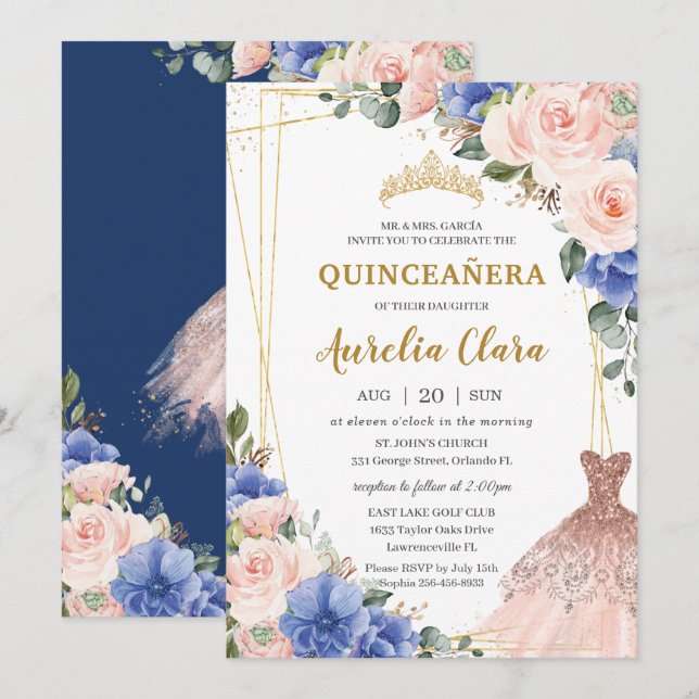 Invitation Robe de Quinceañera Royal Blue Blush Floral Tiara (Devant / Derrière)