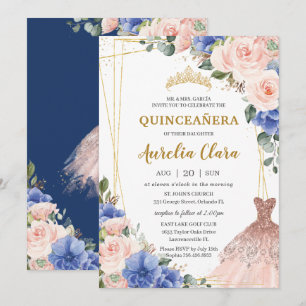 Invitation Robe de Quinceañera Royal Blue Blush Floral Tiara