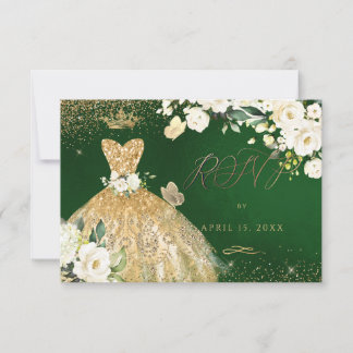 Invitation Robe de Quinceanera RSVP vert émeraude et paillett