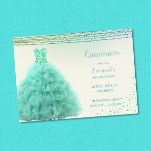 Invitation Robe de Quinceanera verte aqua jolie sous les lumi