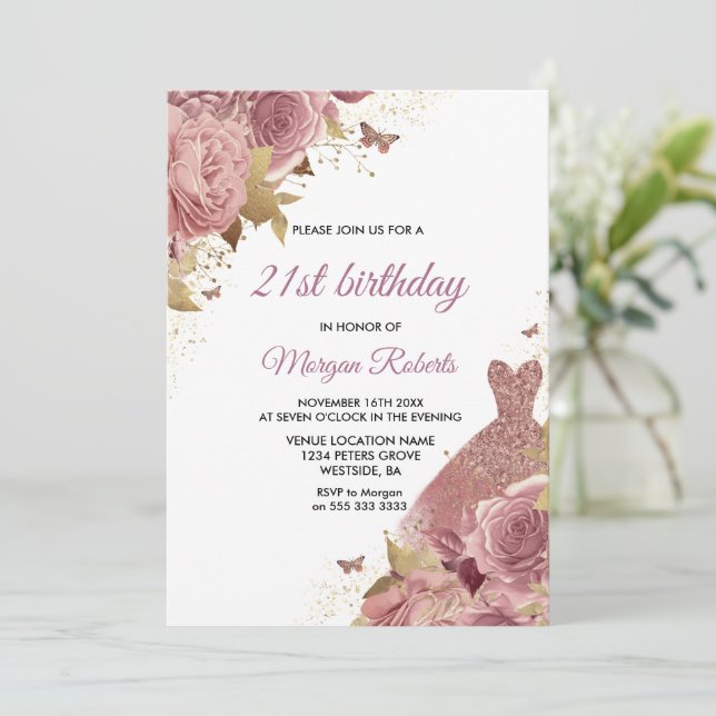 Invitation Robe de Rose rose pâle 21e anniversaire (Debout devant)