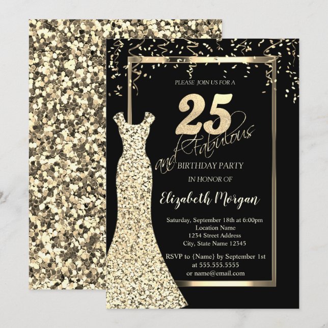 Invitation Robe de Séquins d'or Noir 25e anniversaire (Devant / Derrière)