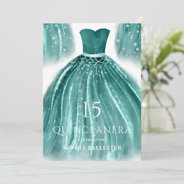 Invitation Robe de sirène verte turquoise Quinceanera (Debout devant)
