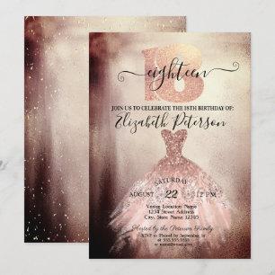 Invitation Robe de soirée chic rose gold Confetti 18ème anniv