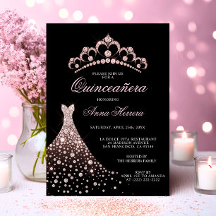 Invitation Robe de soirée élégante Quinceañera noire couronne