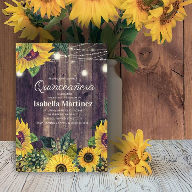 Invitation Robe de tournesol rustique Lumières Quinceañera 15 (Créateur téléchargé)