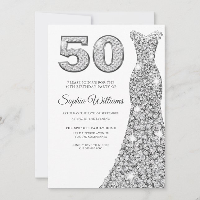 Invitation Robe d'étincelle d'argent femmes 50e fête d'annive (Devant)