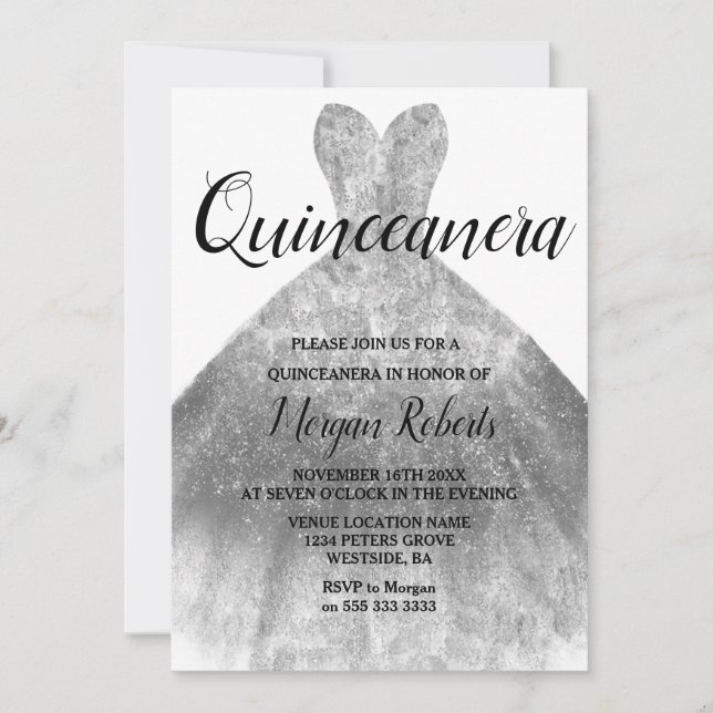 Invitation Robe d'étincelle d'argent Quinceanera 15e parti (Devant)