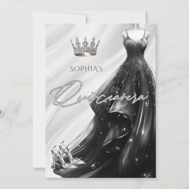 Invitation Robe d'étincelle noire en argent Quinceañera (Devant)