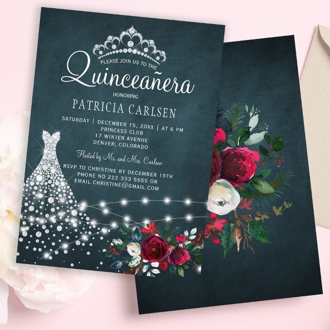Invitation Robe diamant et tiara floral élégant quinceanera (Créateur téléchargé)