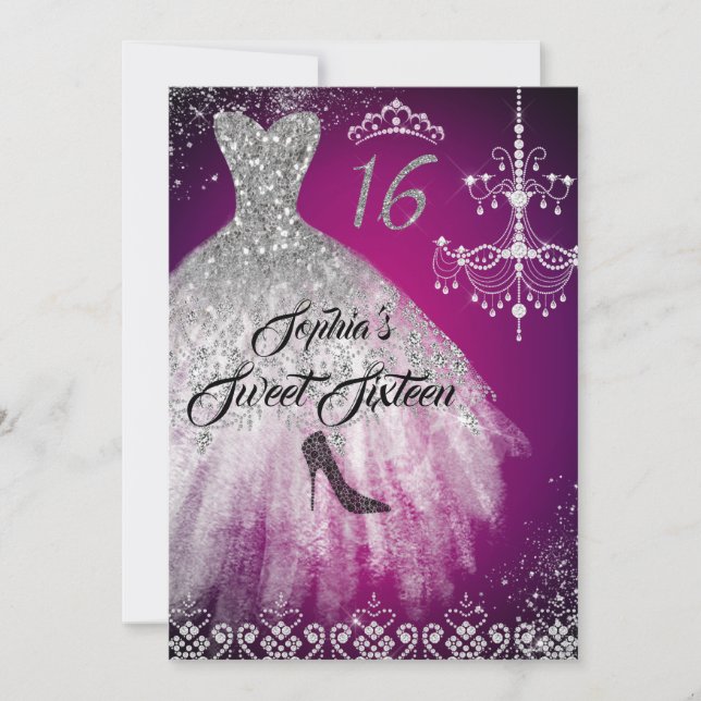 Invitation Robe Diamant Étincelle Rose Silver Sweet 16 (Devant)