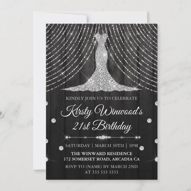 Invitation Robe Diamant Noir Argent Anniversaire (Devant)