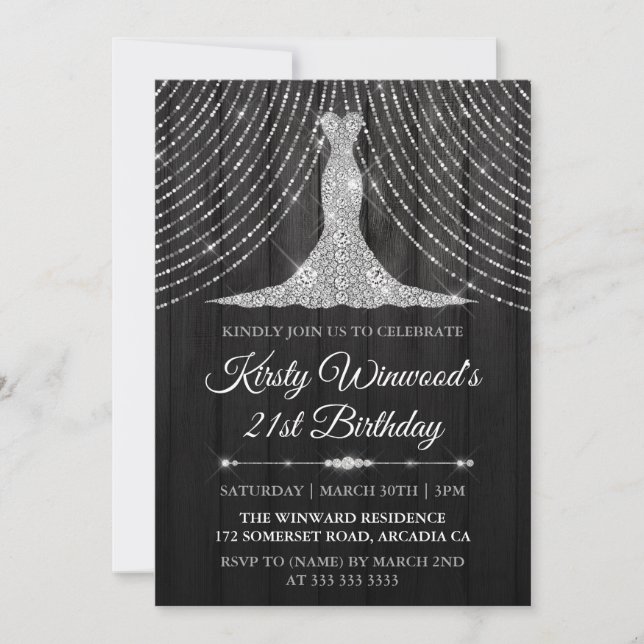 Invitation Robe Diamant Noir Argent Anniversaire (Devant)