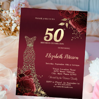 Invitation Robe Diamants Or Roses Rouges 50e Anniversaire