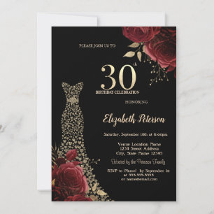 Invitation Robe Diamants Or Roses Rouges Noires 30e Anniversa
