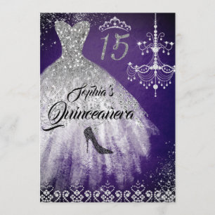 Invitation Robe Diamond en Argent Violet Étincelle Quinceaner