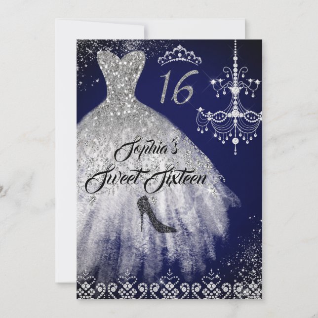 Invitation Robe Diamond Étincelle Marine Sweet 16 (Devant)