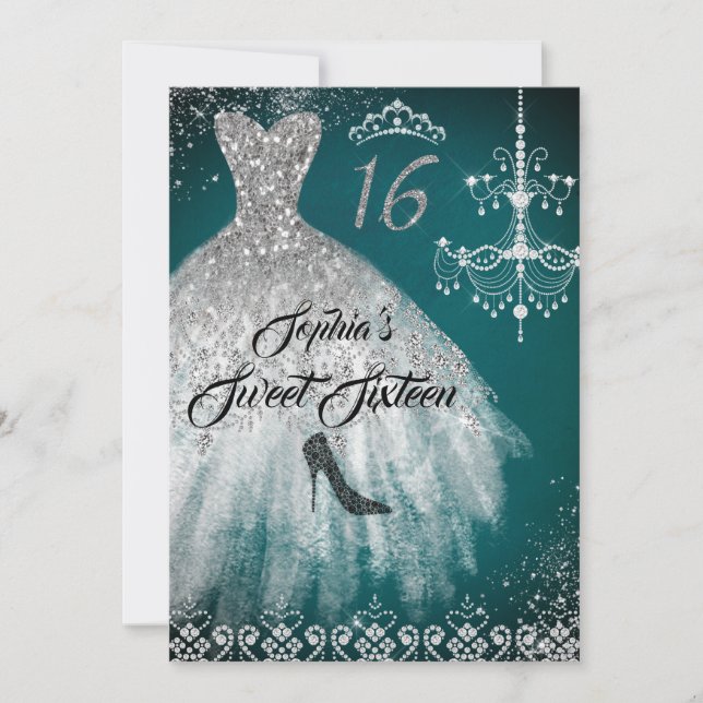 Invitation Robe Diamond Étincelle Turquoise Silver Sweet 16 (Devant)
