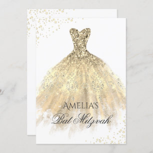 Invitation Robe d'or Bat mitzvah Filles Étincelantes
