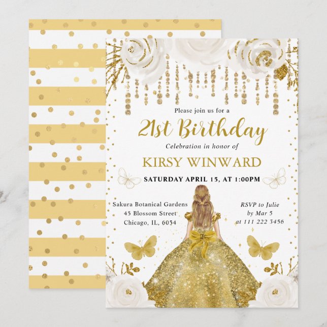 Invitation Robe d'or Blonde Haired Princesse Anniversaire (Devant / Derrière)
