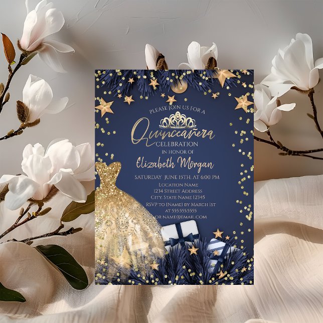Invitation Robe d'or, Branches, Diamants Marine Blue Quinceañ (Créateur téléchargé)