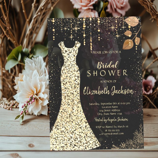 Invitation Robe d'or, Confetti Rose foncé Fête des mariées (Créateur téléchargé)