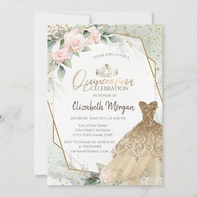 Invitation Robe d'or, Diamants Aquarelle Vert Quinceañera (Devant)