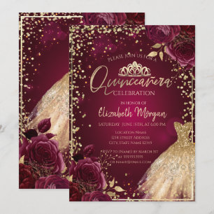 Invitation Robe d'or, Diamants Bourgogne Roses Quinceañera