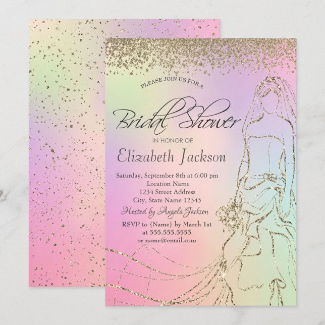 Invitation Robe d'or, Diamants Holographique Fête des mariées (Devant / Derrière)