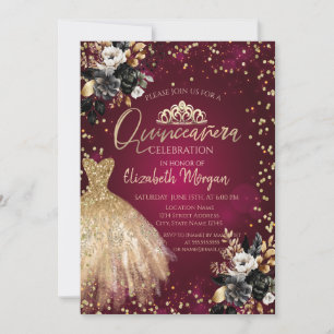 Invitation Robe d'or, Diamants Roses noirs Quinceañera