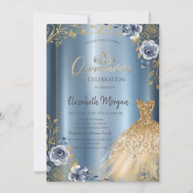 Invitation Robe d'or encadrée Roses bleu Quinceañera (Devant)