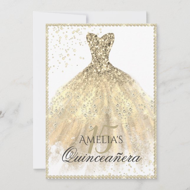 Invitation Robe d'or étincelle 15e Quinceanera (Devant)