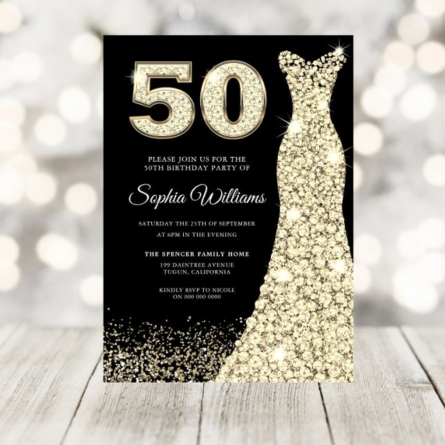 Invitation Robe d'or femmes 50e anniversaire fête Noir (Créateur téléchargé)