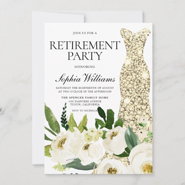Invitation Robe d'or Fleurs blanches Parti de retraite (Devant)