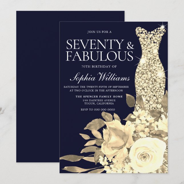 Invitation Robe d'or Fleurs d'or Marine 70e anniversaire (Devant / Derrière)